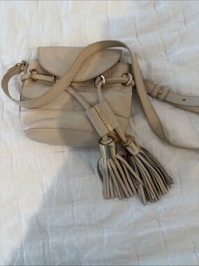 Leather Tassel Crossbody Bag in Beige